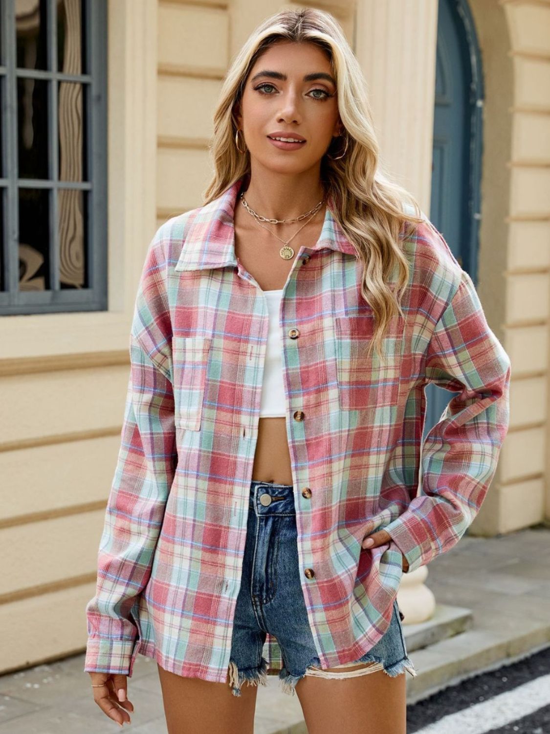 Plaid Collared Neck Long Sleeve Shirt