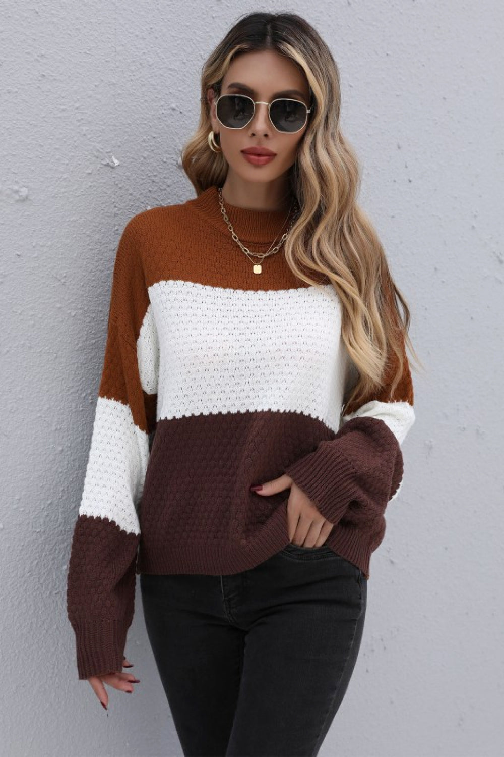 Perfee Color Block Long Sleeve Sweater