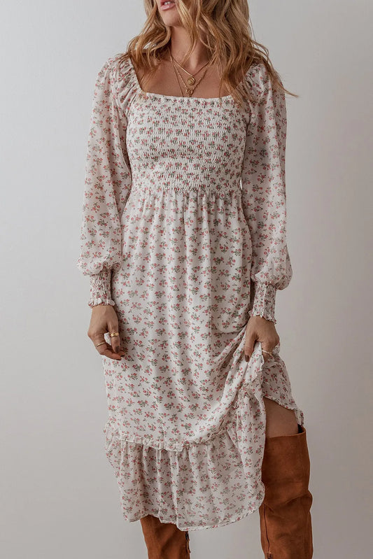 Smocked Floral Long Sleeve Dress