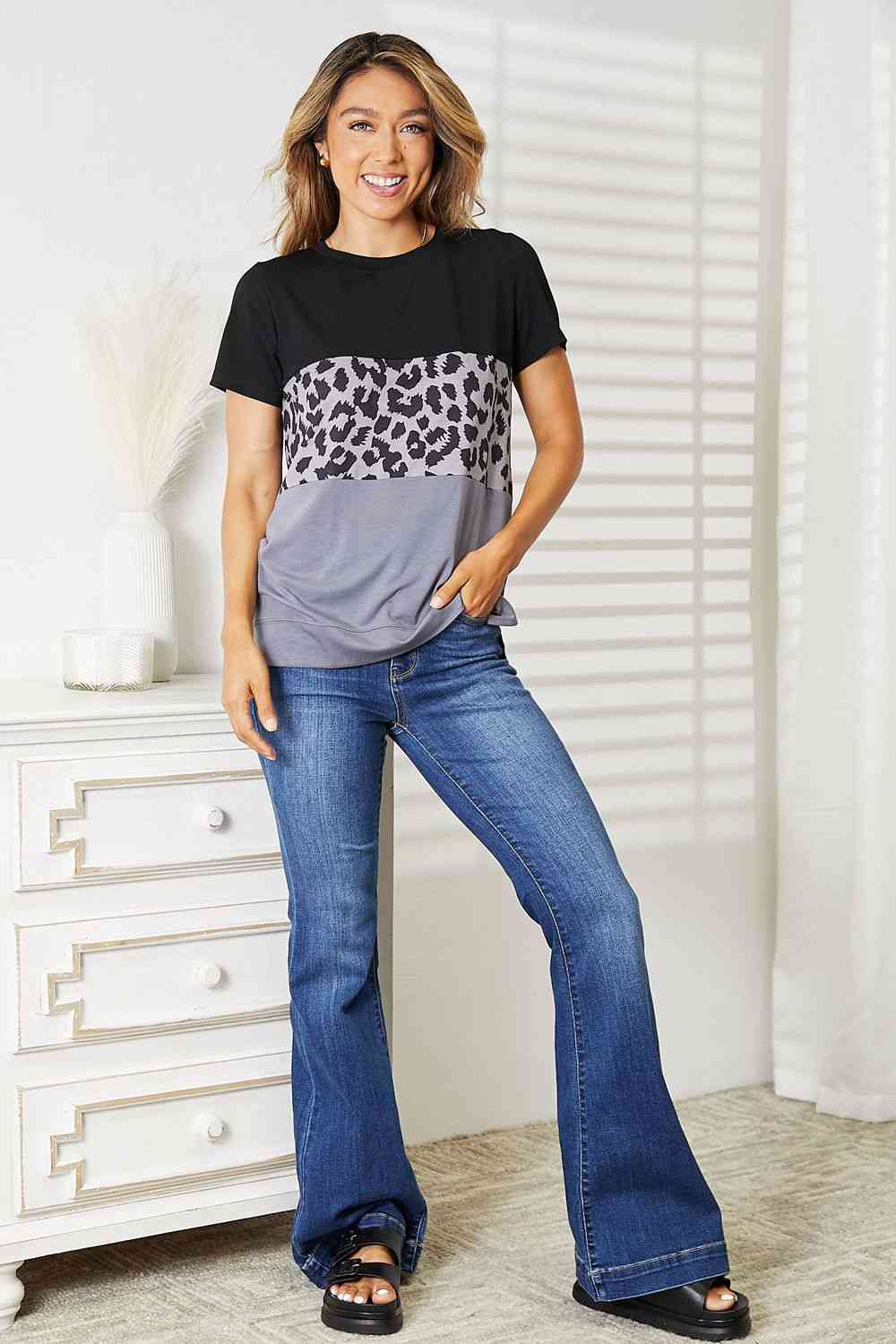 Leopard Print Color Block T-Shirt