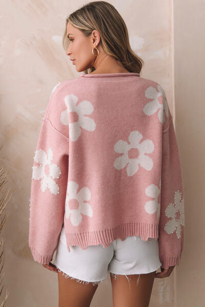 Flowery Rolled Slit Sweater